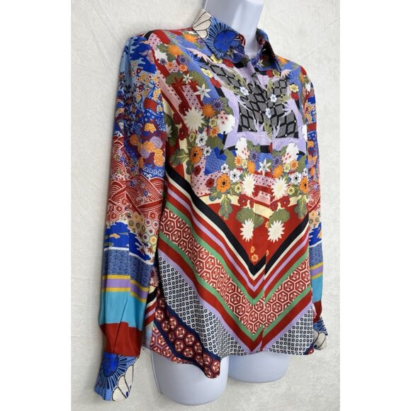 Pinko Women's Button Up Multi-Print Shirt Geometric Floral Size 2 - Picture 3 of 12